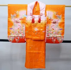 七五三 三歳 女児 被布コート 着物 長襦袢 3点セット オレンジ 祝着 刺繍入りの半衿 伊達衿縫い付け済 お仕立て無料 NO41207