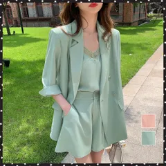 セットアップレディースカジュアル韓国上下3点セット 長袖 ジャケット 春夏 Vネック レース キャミソール ウエストゴム ショートパンツ OL通勤 着やせセットアップ 夏 きれいめ おしゃれ オフィスカジュアル