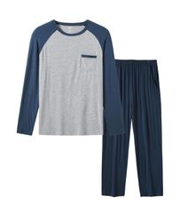 XL_ブルー(長袖長ズボン) [MoFiz] パジャマ メンズ 夏 長袖 長ズボン ルームウェア 上下セット ゆったり スウェット ポケット付き 寝間着 部屋着 ふんわり 柔らかく 吸汗 通気性 大きいサイズ ギフト プレゼント