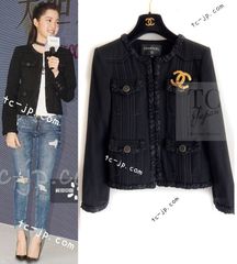 シャネル ジャケット CHANEL ブラック コットン デニム ノーカラー 大人気 70万 女優 御用達 カール・ラガーフェルド作品 新品同様 36