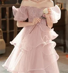 ウエディングドレス チュール Aライン 前撮り 半袖 ドレス ピンク パフスリーブ 袖 ボリューム 二次会 結婚式 0763