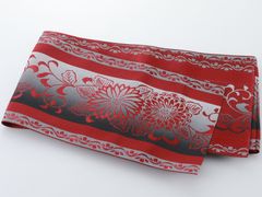 日本製 ぼかし 単衣帯 唐花 袴・浴衣用 半幅帯 おしゃれ帯　グラデーション 深紅とグレー