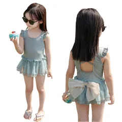 バックリボン スカート ショーツ一体型 チュール 裏地あり フリルショルダー 2点セット スイムウエア スイムキャップ かわいい オールインワン 女の子 プール キッズ ビーチ ワンピース 水着 海 [YOUHA]