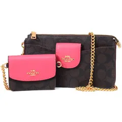 コーチ バッグ COACH コーティングキャンバス スムースレザー シグネチャー ポピー クロスボディ 2way クラッチ ポーチ チェーン ショルダー カードケース 定期入れ 名刺入れ コインケース ２点セット ブラウン×ウォーターメロン coach3328