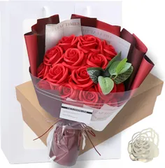 [Capiner] ソープフラワー 花束 結婚記念日 結婚祝い クリスマス 薔薇 プレゼント ギフト 女性 造花 花 誕生日 還暦 母の日 父の日 メッセージカード ショップバッグ付 (レッド)