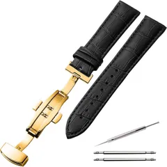 新品 未使用 腕時計 交換用ベルト ブラック Dバックル シルバー ゴールド レザー製　本革 クロコ型押し バンド 18mm 20ｍｍ 22ｍｍ メンズ 男性 交換金具付き 962-3083