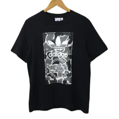 アディダスオリジナルス adidas originals Tシャツ カットソー プルオーバー クルーネック プリント ロゴ 半袖 L 黒 グレー ブラック