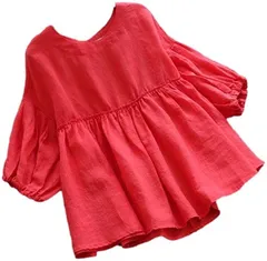 ririka チュニック ブラウス 7分袖 トップス プルオーバー 肩 ドロップ ショルダー ふんわり ゆったり 体型カバー ギャザー カジュアル レディース 赤( レッド,  XL)