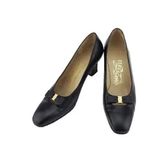 【最大30％OFF★ウィンターセール】サルヴァトーレフェラガモ Salvatore Ferragamo パンプス ヴァラリボン ♯5B スクエアトゥ ブラック ゴールド レディース 中古