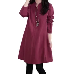 [Lopis] レディース チュニック おしゃれ シャツ ブラウス 長袖 膝丈 ワンピース スキッパー かわいい カジュアル トップス 秋 冬 夏 (XL, レッド) [レッド] [XL]