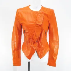 ビーシービージーマックスアズリア BCBGMAXAZRIA レザージャケット 革ジャン ライダースジャケット ノーカラー 羊革 XS オレンジ系 ジップアップ 裏地のサムネイル