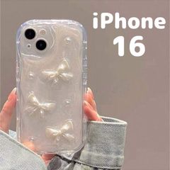 【iPhone16】韓国 リボン クリア フェイクパール iphone ケース