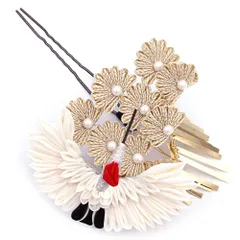 髪飾り 成人式 つまみ細工 振袖 前撮り 袴 一本差し 白 ゴールド 銀 赤 オフホワイト ちりめん ビラ簪 鶴 松 和柄 かんざし 大 No.12-1000