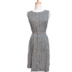 QUEENS COURT 膝丈ワンピース ワンピ ノースリーブ 黒 ブラック 白 ホワイト チェック 柄 9 かわいい オシャレ お出かけ お呼ばれ ノースリーブ リボン