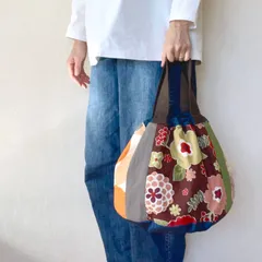 パッチワークのバルーンバッグ【デニム×和風なポップ】暖色系