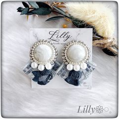 #510 大ぶり/刺繍リボン/パール/シルバー/ハンドメイドピアス◆イヤリング