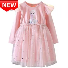 ✨新品✨アナと雪の女王 エルサ プリンセス ドレス 子供服 女の子 ワンピース チュール 長袖 ピンク キラキラ 星柄 100 110 120 130 誕生日 プレゼント コスプレ 七五三祝い 贈り物 コットン 綿 キッズワンピース 長袖ワンピース