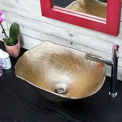 信楽焼 手洗い鉢 洗面ボウル 陶器 幅42.5cm 大型サイズ 金彩長角型手洗い鉢 tr-4130