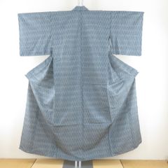 紬 着物 単衣グレーｘブルー 立涌模様 バチ衿 正絹 小柄サイズ 仕立て上がり着物 身丈152cm