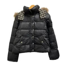 バーバリーブルーレーベル BURBERRY BLUE LABEL E1F44-690-09 ダウンジャケット 長袖 フード ロゴ刺繍 38 黒 ブラック 茶 ブラウン