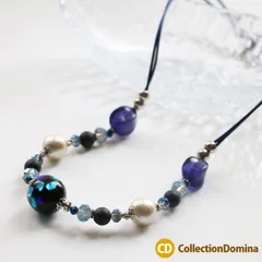 当店オリジナル ネックレス ホタルガラス ホタル石 ガラス玉 ビーズ コットンパール ミディアム丈 アジャスター付き ブルー ネイビー シルバー キスカ レディース アクセサリー