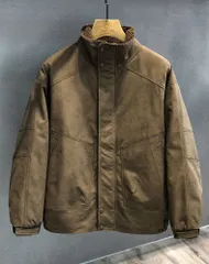 《新品未使用》美ラード ヴィンテージ風ダメージウォッシュ重厚感のある羊羔フリースジャケット メンズ冬用加絨加厚モーターサイクル立襟ジャケット(K)ブラウン