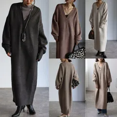 秋冬 ニットワンピース レディース 長袖 厚手 Vネック ビッグシルエット 大きいサイズ 無地 カットソー ニットウェア セーター M1014-J8Q3-1