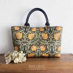 ⭐️4点売れました⭐️ ウィリアムモリス ピンパーネル 黒 x オレンジ 花柄 小柄 革 トート 手提げ バック