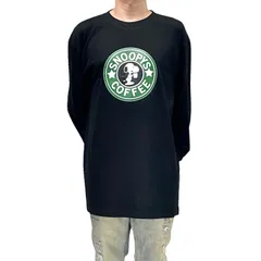 オリジナル ビッグ ロンT 長袖Tシャツ SNOOPY スヌーピー コーヒー カフェ スタバロゴ Peanuts ピーナッツ コミック アメコミ パロディ 黒 ブラック 2XL(3L) 3XL(4L) 大きい オーバー サイズ メンズ レディース ユニセックス