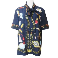 モスキーノ MOSCHINO BOUTIQUE タグ付き ボウタイ ブラウス プルオーバー 総柄 半袖 ネイビー ブラック 日本サイズL相当 I42 D36 F38 GB10 USA8 Xのサムネイル