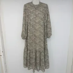 ◇ mysty woman 総柄 スタンドカラー シフォン 長袖 ロング ワンピース サイズF ベージュ マルチ レディース P  【1306120000746】