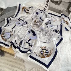 エレガントな船とロープのシルク100％スカーフ 絹スカーフ 約70cm 大判