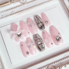 7 ネイルチップ ワンホンネイル ピンク キラキラ リボン