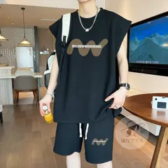 上下セット メンズ セットアップ ワッフル生地 レイヤード タンクトップ ハーフパンツ ウエストゴム ノースリーブ