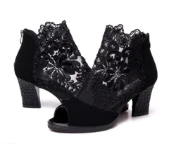 [TaKiHuReO] オープントゥ ブーツサンダル かわいい レース 花柄 レディース オシャレ サマーブーツ ハイヒール 美脚 靴 軽量 エレガント シューズ 人気 おしゃれ お洒落 カワイイ パンプス ヒールサンダル シ [ブラック] [23.0 cm]