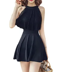 [Four leaf] 着痩せ 美シルエット 水着 レディース ワンピース スカート 黒 可愛い レース 体型カバー 伸縮性 ホルターネック オフショルダー 二の腕カバー 胸元カバー 2way ブラック (XL) [ブラック] [XL]