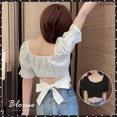 バックリボン スクエアネック ブラウスブラウス へそ出し 無地 ショート丈 ブラウス セクシー シャツ トップス トップス きれいめ 半袖 ブラウス 鎖骨見せ シャツオープンバック仕様にリボン結びデザインがセクシーで可愛い半袖トップス
