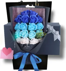 [Capiner] ソープフラワー 花束 結婚記念日 結婚祝い クリスマス 薔薇 プレゼント ギフト 造花 花 誕生日 還暦 母の日 父の日 メッセージカード ショップバッグ付（18本）(ブルーグラデーション)