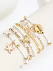 ジュエリー レディース ブレスレット セット ボヘミアンスタイル 貝殻とビーズのブレスレット 6個セット スターフィッシュペンダント付き レディース ビーズはランダムに配置