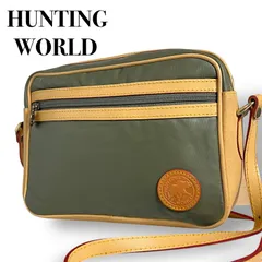 【良品】HUNTING WORLD ハンティングワールド セカンドバッグ クラッチバッグ バチュークロス メンズ 本革 ヌメ革カーキ 斜め掛け ユニセックス  5093