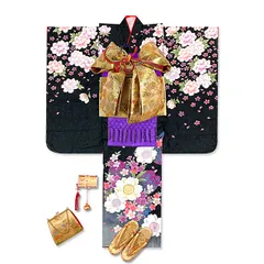 七五三 着物 7歳 フルセット  女の子 子供　結び帯セット 合繊「黒地、桜と牡丹」