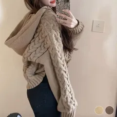 ニット レディース フーディー セーター トップス ケーブル編み ケーブルニット ニットパーカー パーカー ショート丈 ゆったり おしゃれ 秋冬 秋 冬 ホワイト ベージュ 韓国