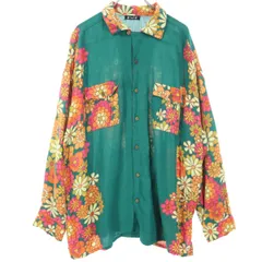 Amina アミナ 花柄 長袖 オープンカラーシャツ グリーン レディース 古着