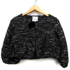 アナトリエ ANATELIER ツイード ジャケット ノーカラー ショート丈 コサージュ風装飾 ボリューム袖 七分袖 丸首 ウール混 綿混 36 ブラック 黒 /HT24のサムネイル