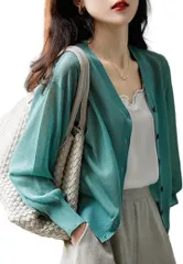 Eve Evan(イヴ エヴァン) イヴエヴァン パフスリーブ ニット カーディガン 透け感 Vネック 羽織 レディース(ライトグリーン,  M)