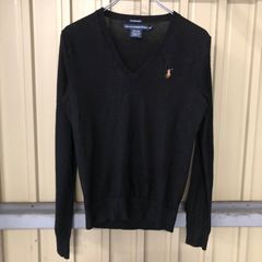 305 Ralph Lauren Sport ウールニット レディース M  ブラック ラルフローレンスポーツ ニット セーター Vネック ウールセーター 刺繍ロゴ 古着卸 アメリカ仕入