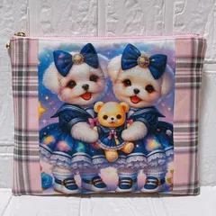 フラットポーチ　ファスナーポーチ　ハンドメイド　両面パネル生地　ポケット付き　マルチーズ　パグ