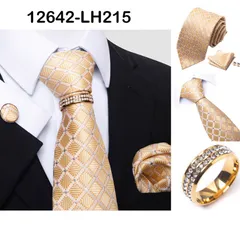 発表会　ネクタイ　チーフ　カフス　リング　4点セット　格子柄　ストライプ柄　チェック柄　ドット柄　結婚式　パーティー　イベント　ゴールド　イエロー　シルバー　格安　美品　ビジネス