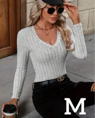 【新品】レディース リブ編みVネックTシャツ