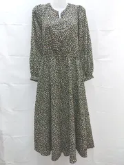 ◇ w closet 花柄　裏地　Vネック　ウエストゴム 長袖 ひざ丈 ワンピース サイズF ブラック系 レディース E  【1303090020941】